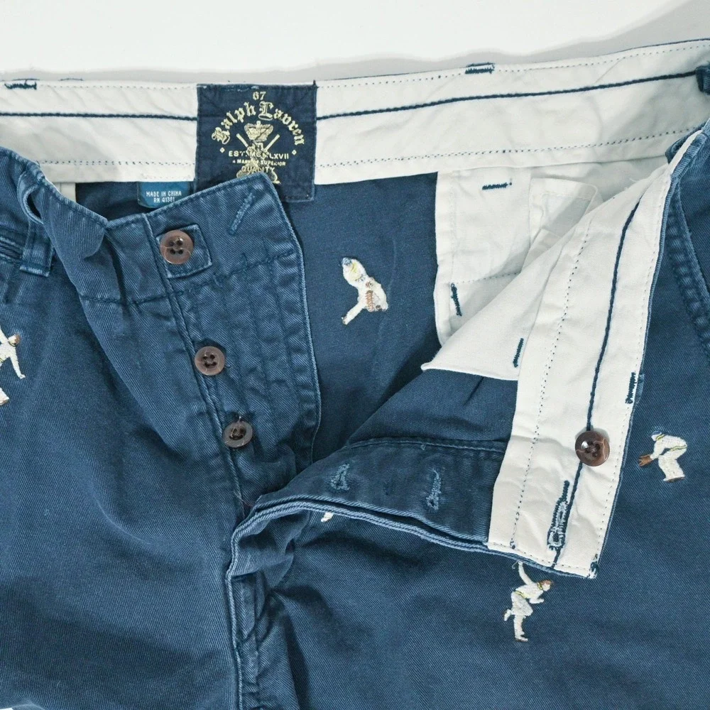 Polo Ralph Lauren Shorts Mens 36 Blue Chino Cricket Player Embroidered Casual